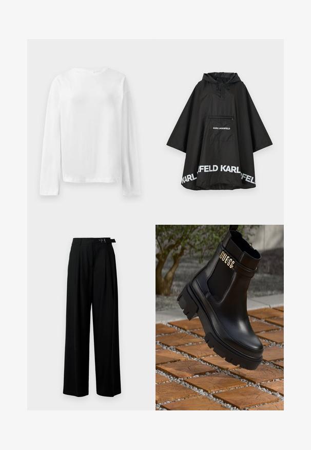 Černý voděodolný pončoš s kapucí, obsahující přední kapsu a bílé logo na lemu. Hladký, lehký materiál.; Bílá dlouhá halenka s dlouhým rukávem, vyrobená z měkké bavlny, má kulatý výstřih, volný střih a mírně spuštěné ramena. Žádné viditelné vzory nebo akcenty.; Černý zkrácený top s vysokým límcem, s vertikálními stříbrnými flitry, průhlednými rukávy a texturovanou tkaninou.; Černé široké kalhoty s vysokým pasem, záhyby vpředu a páskem s přezkou. Vyrobené z hladké, lehké tkaniny.; Černé kožené kotníkové boty s masivní gumovou podrážkou, elastickými bočními panely a zlatým akcentem s logem "GUESS".