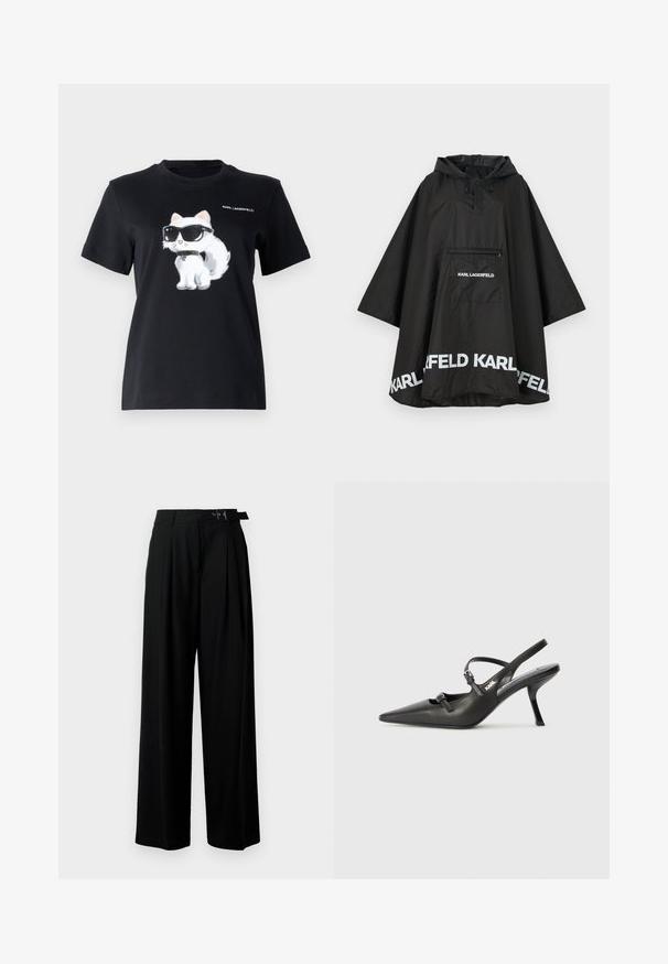 Svart vanntett poncho med hette, med en frontlomme og hvit logo detaljering langs kanten. Glatt, lett materiale.; Svart bomull t-skjorte med grafikk av en hvit katt som har solbriller på. Designet inkluderer subtile detaljer og teksten "KARL LAGERFELD."; Svarte vide bukser med høy livlinje, folder foran og belte med spenne. Laget av glatt, lett materiale.; Sorte skinn slingback-hæler med spiss tå, slank hæl og dekorativ spenne detalj på vampsiden. Glatt tekstur og stilrent design.