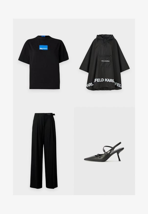 Musta vedenpitävä poncho hupulla, jossa on etutasku ja valkoista logoa helmassa. Sujuva, kevyt materiaali.; Musta puuvillainen t-paita, jossa on pyöreä pääntie ja etuosassa sininen suorakulmainen graafinen logo, jossa lukee "KARL LAGERFELD JEANS".; Mustat leveät housut korkealla vyötäröllä, etuosassa laskokset ja soljellinen vyö. Valmistettu sileästä ja kevyestä kankaasta.; Mustat nahkaiset slingback-korkokengät, joissa on terävä kärki, hoikka korko ja koristeellinen solkityyny varpailla. Tasainen pinta ja tyylikäs muotoilu.