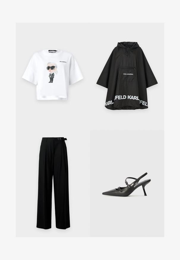 Svart vanntett poncho med hette, med en frontlomme og hvit logo detaljering langs kanten. Glatt, lett materiale.; Hvit kortermet t-skjorte laget av bomull, med en tegneserieillustrasjon av en figur i solbriller og dress, med teksten "KARL LAGERFELD".; Svarte vide bukser med høy livlinje, folder foran og belte med spenne. Laget av glatt, lett materiale.; Sorte skinn slingback-hæler med spiss tå, slank hæl og dekorativ spenne detalj på vampsiden. Glatt tekstur og stilrent design.