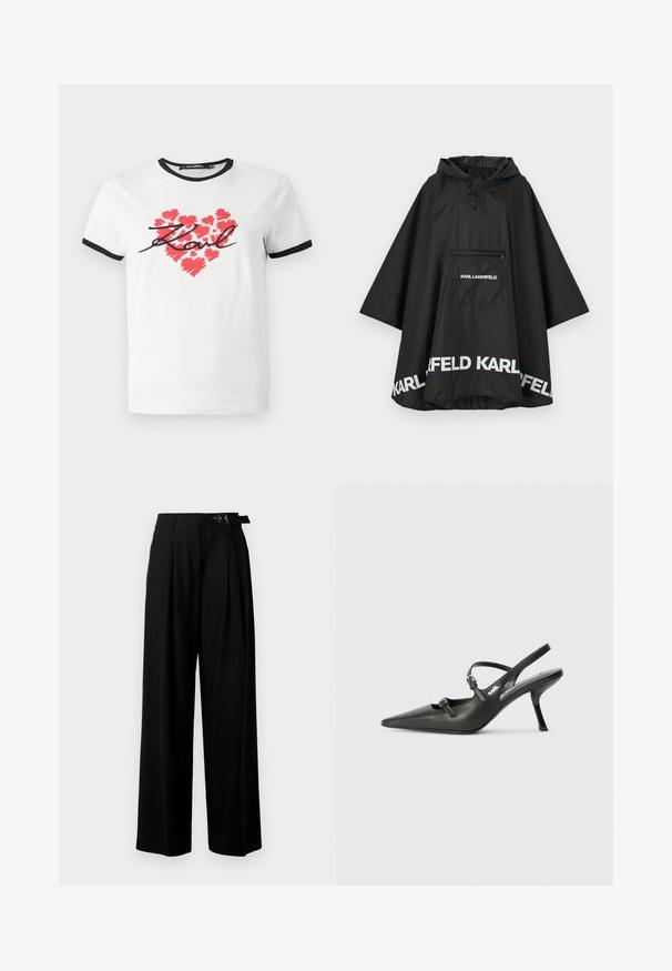 Melnā ūdensizturīgā pončo ar kapuci, ar priekšējo kabatu un baltu logo detalizāciju ap apakšmali. Gluda, viegla materiāla.; Balts kokvilnas T-krekls ar melnu apmalīti, kurā ir sarkans sirds grafiks, kas izveidots ar otas triepieniem un melns rokraksts "Karl".; Melni plaši bikses ar augsto jostasvītru, priekšā ar krokojiem un jostu ar sprādzi. Izgatavotas no gludas, vieglas auduma.; Melnas ādas slingback papēži ar norādītu purngalu, izsmalcinātu papēdi un dekoratīvu sprādzi uz priekšpuses. Gluda tekstūra un elegants dizains.