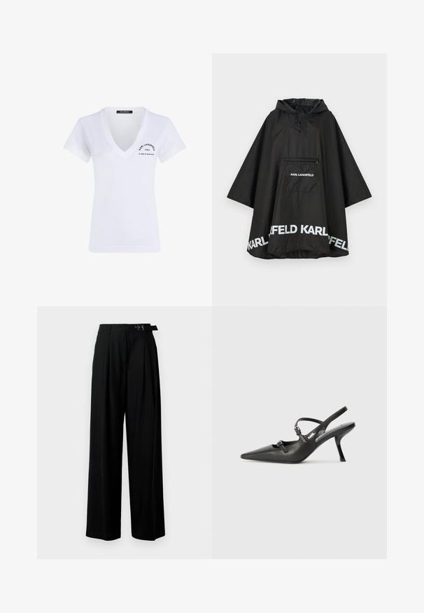 Black waterproof poncho with a hood, featuring a front pocket and white logo detailing along the hem. Smooth, lightweight material.; White cotton t-shirt with a v-neck, short sleeves, and black printed logo detailing on the left chest and lower back.; Black wide-leg trousers with a high waist, pleats at the front, and a belt featuring a buckle. Made from smooth, lightweight fabric.; Black leather slingback heels with a pointed toe, slender heel, and decorative buckle detail on the vamp. Smooth texture and sleek design.