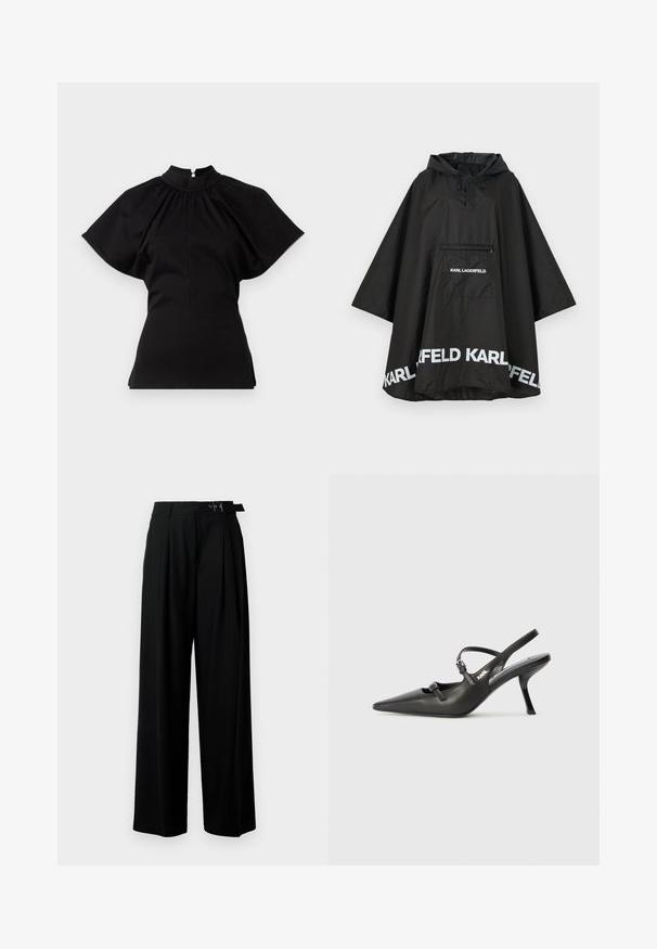 Čierny nepremokavý plášť s kapucňou, vybavený prednou vreckom a bielym logom pozdĺž lemu. Hladký, ľahký materiál.; Čierny top s krátkym rukávom a vysokým výstrihom. Obsahuje zberanú detaily na pleciach a priliehavé telo, vyrobený z hladkej tkaniny.; Čierne široké nohavice s vysokým pásom, skladmi vpredu a opaskom s prackou. Vyrobené z hladkej, ľahkej textílie.; Čierne kožené slingback topánky na vysokom podpätku s ostrou špicou, štíhlym podpätkom a dekoratívnym detailom s prackou na priehlavku. Hladká textúra a elegantný dizajn.