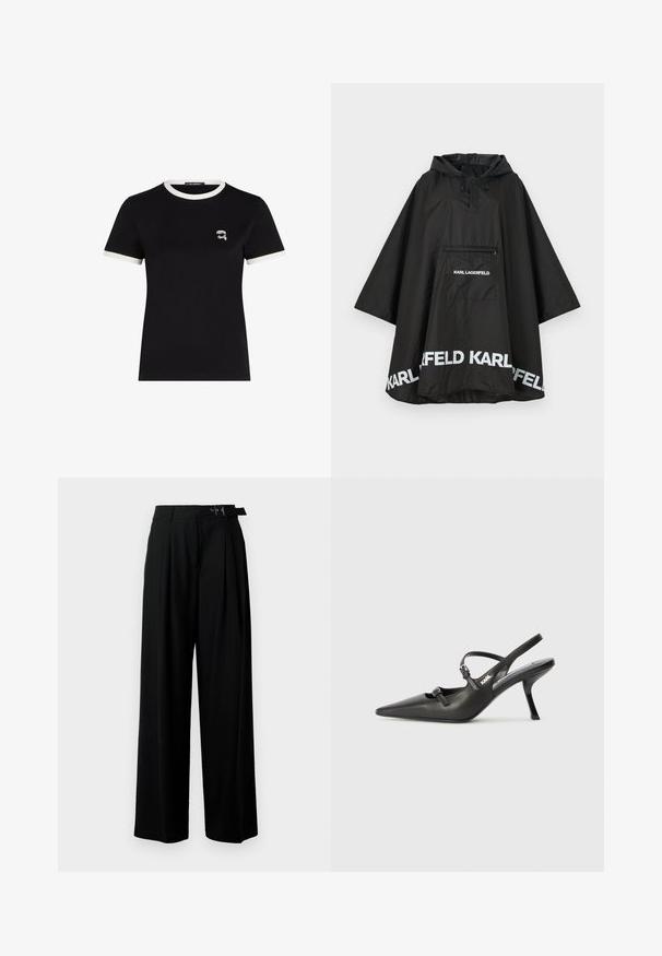 Sort vandtæt poncho med hætte, der har en frontlomme og hvidt logo-detalje langs kanten. Glat, letvægtsmateriale.; Sort T-shirt med korte ærmer lavet af bomuld, med en kontrasterende hvid ribkant ved halsen og et lille broderet design på brystet.; Sort vide-bein bukser med høj talje, læg foran og et bælte med spænde. Fremstillet af glat, let materiale.; Sorte læder slingback hæle med spids tå, slank hæl og dekorativ spænde detalje på vampen. Glat tekstur og strømlinet design.