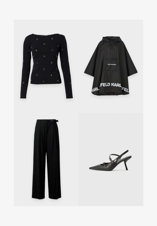 Čierny nepremokavý plášť s kapucňou, vybavený prednou vreckom a bielym logom pozdĺž lemu. Hladký, ľahký materiál.; Čierny dlhý rukáv top vyrobený z mäkkej tkaniny, s okrúhlym výstrihom a rozptýlenými kamienkami v tvare písmen "A", "K" a "L" po celej ploche.; Čierne široké nohavice s vysokým pásom, skladmi vpredu a opaskom s prackou. Vyrobené z hladkej, ľahkej textílie.; Čierne kožené slingback topánky na vysokom podpätku s ostrou špicou, štíhlym podpätkom a dekoratívnym detailom s prackou na priehlavku. Hladká textúra a elegantný dizajn.