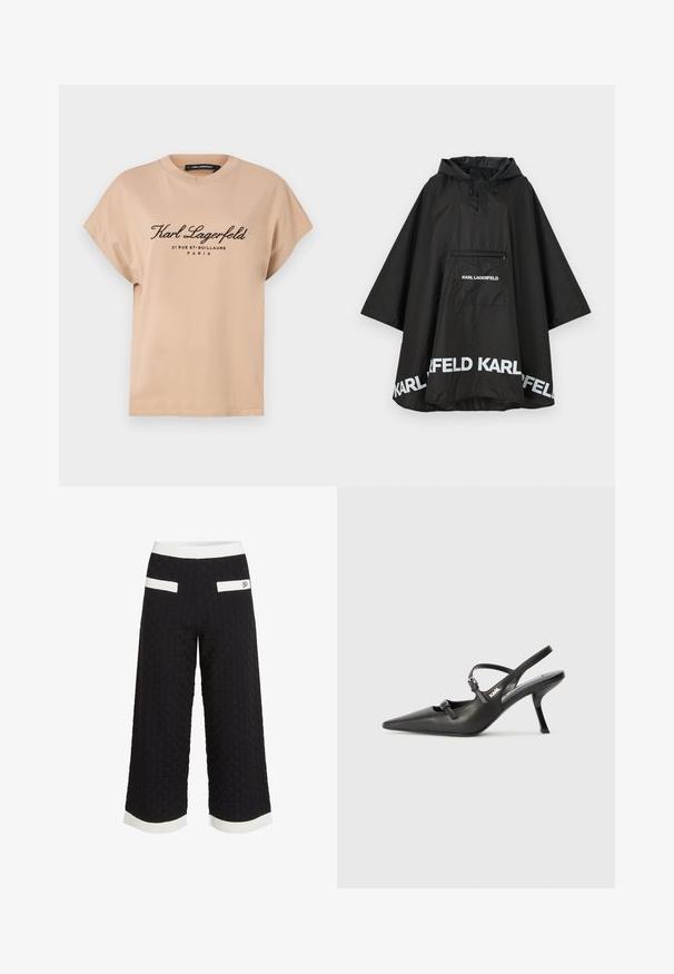 Sort vandtæt poncho med hætte, der har en frontlomme og hvidt logo-detalje langs kanten. Glat, letvægtsmateriale.; Beige bomulds T-shirt med rund halsudskæring, korte ærmer og trykt sort tekst foran, der viser mærkenavnet og stedsoplysninger.; Sorte cropped bukser med et struktureret, vævet mønster. Har hvide kontraststriber ved taljen og kanten, samt to baglommer.; Sorte læder slingback hæle med spids tå, slank hæl og dekorativ spænde detalje på vampen. Glat tekstur og strømlinet design.