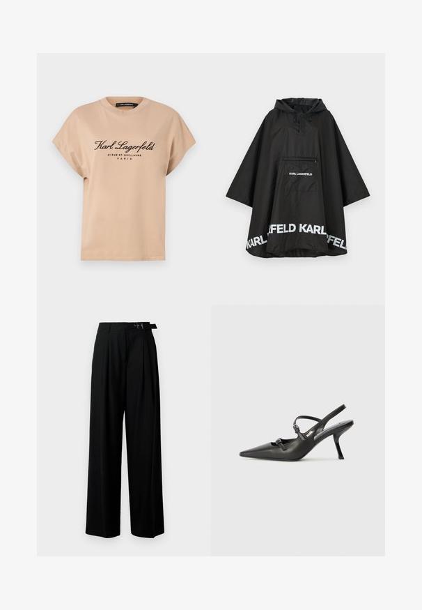 Sort vandtæt poncho med hætte, der har en frontlomme og hvidt logo-detalje langs kanten. Glat, letvægtsmateriale.; Beige bomulds T-shirt med rund halsudskæring, korte ærmer og trykt sort tekst foran, der viser mærkenavnet og stedsoplysninger.; Sort vide-bein bukser med høj talje, læg foran og et bælte med spænde. Fremstillet af glat, let materiale.; Sorte læder slingback hæle med spids tå, slank hæl og dekorativ spænde detalje på vampen. Glat tekstur og strømlinet design.