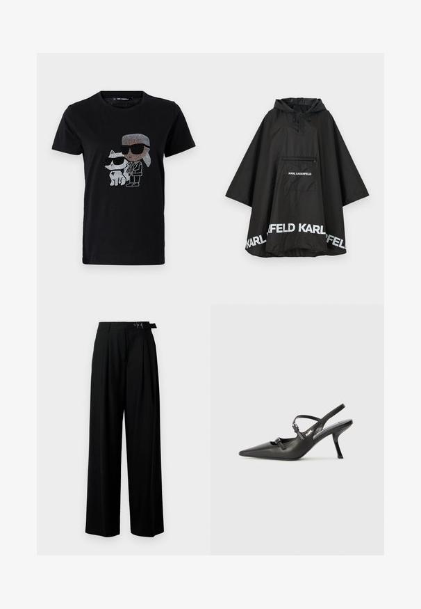 Czarny wodoodporny poncho z kapturem, z kieszenią z przodu i białymi detalami logo wzdłuż krawędzi. Gładki, lekki materiał.; Czarny bawełniany t-shirt z grafiką z dżetów przedstawiającą osobę i białego kota, oboje w okularach przeciwsłonecznych. Okrągły dekolt i krótkie rękawy.; Czarne spodnie szerokie w nogawkach z wysokim stanem, z plisami z przodu oraz paskiem z klamrą. Wykonane z gładkiego, lekkiego materiału.; Czarne skórzane sandały na obcasie typu slingback z wydłużonym noskiem, smukłym obcasem i ozdobnym zapięciem na cholewce. Gładka tekstura i elegancka forma.