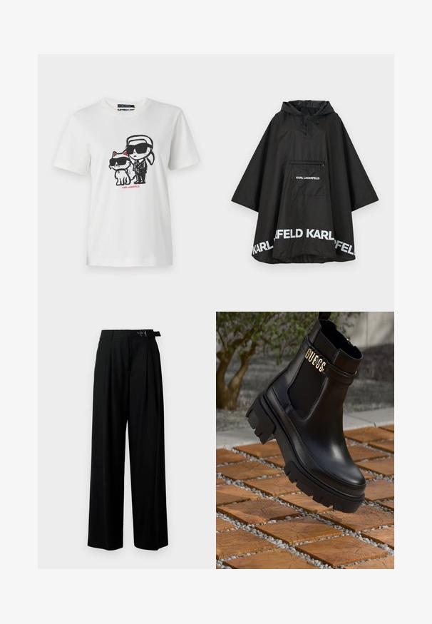 Svart vattentät poncho med huva, som har en framficka och vit logotypdetalj längs nederkanten. Slätt, lätt material.; Vit bomull t-shirt med en grafik av en karaktär och en katt, båda iförda solglasögon. Designen inkluderar svarta konturer och röda accenter.; Svarta byxor med vida ben och hög midja, med veck framtill och ett bälte med spänne. Tillverkade av ett mjukt, lätt tyg.; Svart läderankelsko med en kraftig gummisul, elastiska sidopaneler och en guldfinish med "GUESS"-logotyp.