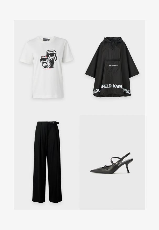 Musta vedenpitävä poncho hupulla, jossa on etutasku ja valkoista logoa helmassa. Sujuva, kevyt materiaali.; Valkoinen puuvillapaita, jossa on graafinen kuva hahmosta ja kissasta, molemmat aurinkolaseja käyttäen. Suunnittelussa on mustia ääriviivoja ja punaisia korostuksia.; Mustat leveät housut korkealla vyötäröllä, etuosassa laskokset ja soljellinen vyö. Valmistettu sileästä ja kevyestä kankaasta.; Mustat nahkaiset slingback-korkokengät, joissa on terävä kärki, hoikka korko ja koristeellinen solkityyny varpailla. Tasainen pinta ja tyylikäs muotoilu.