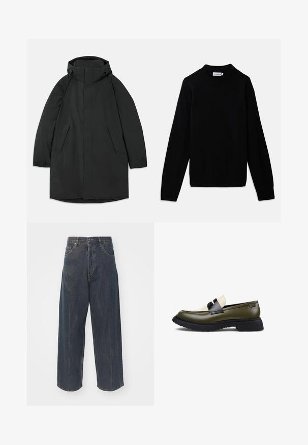 Zwarte lange jas van waterafstotende stof, voorzien van een hoge kraag, drukknoopsluiting, twee zijzakken en een ontspannen pasvorm.; Zwarte trui met een geribde ronde halslijn, lange mouwen en een structuurbreipatroon. Geen zichtbare logo's of versieringen.; Wit T-shirt met lange mouwen, gemaakt van katoen. Voorzien van een ronde hals, rechte pasvorm en geribbelde manchetten. Merklabel bij de hals.; Brede donkerblauwe denim jeans met subtiele verwering, vijf zakken en een klassieke knoop- en ritssluiting in de taille.; Groene en crèmekleurige leren instapper met een zwarte band, een gestructureerde zool en een ronde neus, met een gladde afwerking en contrastkleuren.