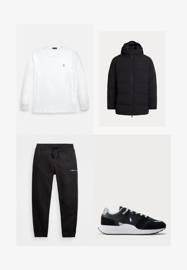 Geacă matlasată neagră cu glugă, model matlasat vertical, fermoar frontal și buzunare laterale; branding minimal pe piept.; Tricou alb cu mâneci lungi, din bumbac, cu guler rotund și un mic logo brodat pe partea stângă a pieptului. Textură netedă, design simplu.; Pantaloni de trening negri, din bumbac, cu un brâu elastic și șnur, design cu picioare conice și un mic logo pe față.; Tenisi negri și albi cu design low-top, cu umple din plasă și piele de nubuc, șireturi albe, talpă albă și un logo cu jucător de polo pe lateral.