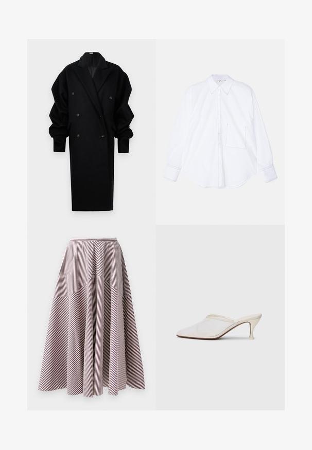 Manteau noir surdimensionné à double boutonnage avec larges revers et manches volumineuses froncées sur fond blanc.; Chemise blanche à manches longues en tissu lisse, avec un devant à boutons, un grand col, un ourlet arrondi et une seule poche sur la poitrine gauche avec des détails de couture.; Jupe rayée avec des lignes verticales blanches et bordeaux, présentant un design évasé et une texture froncée à la taille, fabriquée en tissu léger.; Mule blanches en mesh avec un bout pointu, un talon moyen élancé et un design à enfiler, sur un fond uni.