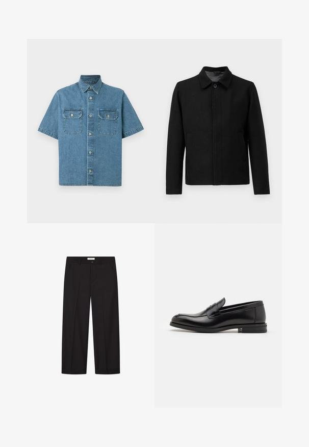 Must mustaga klappide ja struktureeritud kraega, kahe küljetaskuga ja tekstureeritud kangaga. Lihtne, sirge lõikega disain.; Filippa K SWEATER - Džemper - black; Lühikeste varrukatega teksapait, helesinine, millel on kaks rinnataskut nuppude sulgemisega, terava krae ja eesmine nuppude rida.; Lame valge lühikeste varrukatega vabalt lõigatud T-särk, millel on helehall taust.; Mustad laiad püksid, mis on valmistatud siledast kangast. Omab nuppe ja tõmblukku, kahte eesmist taskut ja teravat äärestust.; Mustad mustad nahast loafers sileda tekstuuriga, ümarat ninaosa ja dekoratiivne riba vampi üle. Madal kihiline konts, minimalistlik disain.