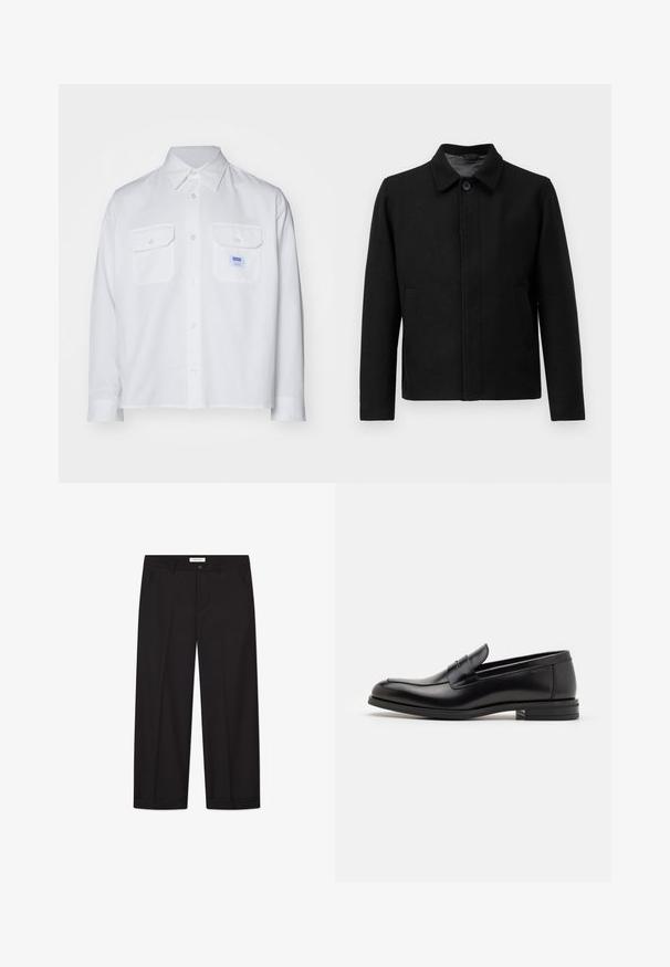 Black jacket with a button closure, structured collar, two side pockets, and textured fabric. Simple, straight-cut design.; Filippa K SWEATER - Jumper - black; White long-sleeve shirt made of cotton, featuring two chest pockets and a button-down collar. Includes a small blue brand label on the left pocket.; Black wide-leg trousers made of smooth fabric. Features a button and zipper closure, two front pockets, and a crisp hem finish.; Black leather loafers with a smooth texture, rounded toe, and a decorative strap across the vamp. Low stacked heel, minimalist design.