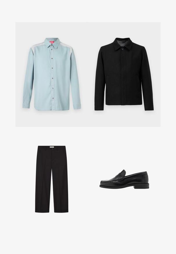 Jachetă neagră cu închidere prin buton, guler structurat, două buzunare laterale și țesătură texturată. Design simplu, cu croială dreaptă.; Filippa K SWEATER - Pulover - black; Cămașă ușor albastră cu guler standard, având o etichetă roșie de logo, butoane metalice și o textură netedă a materialului.; Cămașă T-shirt albă, cu mâneci scurte, de tip relaxat, așezată pe un fundal gri deschis.; Pantaloni largi negri din țesătură netedă. Au închidere cu nasture și fermoar, două buzunare frontale și un finisaj curat la tiv.; Mocasini negri din piele, cu un finisaj neted, detalii cusute pe vârf și un design cu toc jos pentru confort și stil.