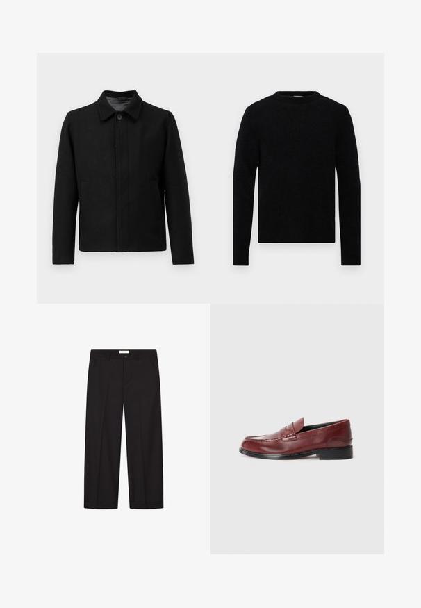 Black jacket with a button closure, structured collar, two side pockets, and textured fabric. Simple, straight-cut design.; Filippa K SWEATER - Jumper - black; Plain white short-sleeve relaxed-fit T-shirt laid flat on light gray background.; Black wide-leg trousers made of smooth fabric. Features a button and zipper closure, two front pockets, and a crisp hem finish.; Burgundy leather loafer with a smooth finish, decorative stitching, and a rounded toe. Features a low black heel.