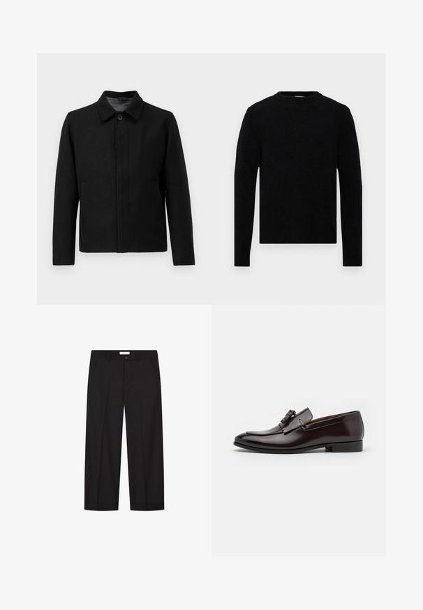 Musta takki nappisuljennolla, jämäkkä kaulus, kaksi sivutaskua ja teksturoitu kangas. Yksinkertainen, suora leikkaus.; Filippa K SWEATER - Neule - black; Litte valkoiset lyhythihainen rento T-paita asetettuna tasaiseksi vaaleanharmaata taustaa vasten.; Mustat leveälahkeiset housut, jotka on valmistettu sileästä kankaasta. Ominaisuuksiin kuuluu nappi- ja vetoketjusuljenta, kaksi etutaskua ja siisti helman viimeistely.; Ruske nahkakengät loafers-tyylillä, jossa on kiiltävä pinta, koristeellinen nauha ja pyöreä varvas. Tasainen kumipohja tukee.