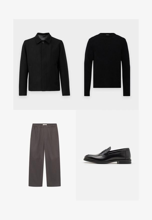 Black jacket with a button closure, structured collar, two side pockets, and textured fabric. Simple, straight-cut design.; Filippa K SWEATER - Jumper - black; Plain white short-sleeve relaxed-fit T-shirt laid flat on light gray background.; Gray, wide-leg trousers made of smooth fabric, featuring a button closure and two side pockets. Simple, clean design with no visible patterns.; Black leather loafers with a smooth texture, rounded toe, and a decorative strap across the vamp. Low stacked heel, minimalist design.
