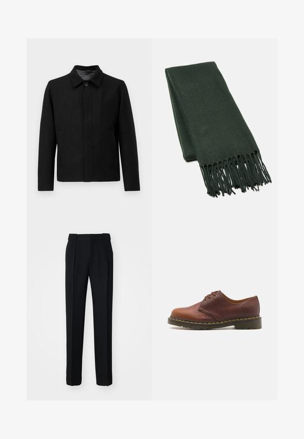 Schwarze Jacke mit Knopfverschluss, strukturiertem Kragen, zwei seitlichen Taschen und strukturiertem Stoff. Schlichtes, gerades Design.; Filippa K SWEATER - Strickpullover - black; Ein schlichter, weißer, kurzärmeliger T-Shirt im lässigen Schnitt liegt flach auf einem hellgrauen Hintergrund.; Filippa K RELAXED PLEATED - Stoffhose - black; Braunes Leder-Schuh mit glatter Oberfläche, runder Zehenform und fünf Ösen-Schnürung. Verfügt über gelbe Nähte entlang der Sohle und eine strukturierte Ferse.; Dunkelgrüner Schal aus weichem Stoff, mit einem schlichten Design und fransigen Kanten für zusätzliche Textur.