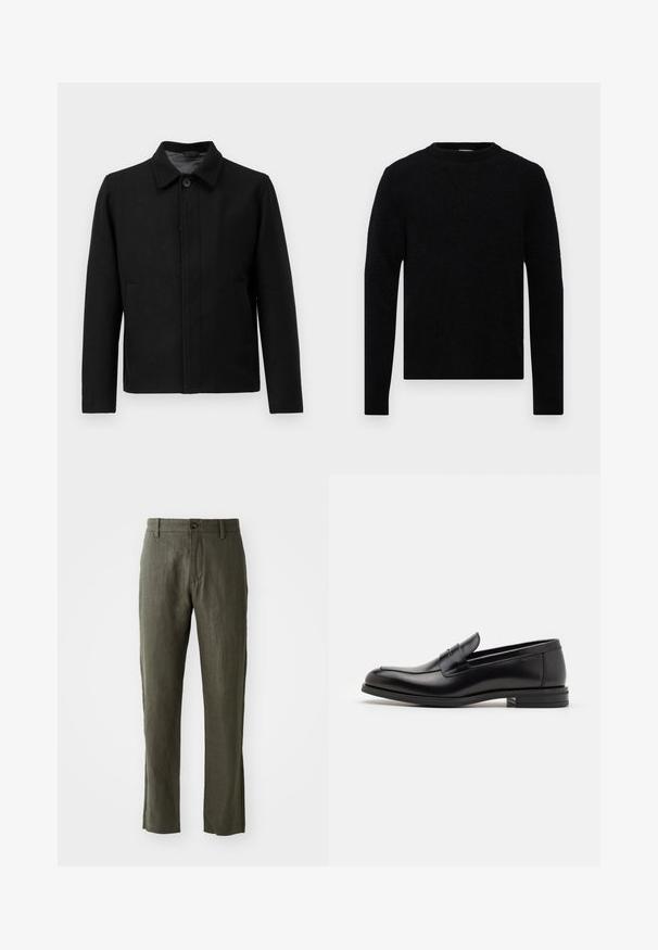 Chaqueta negra con cierre de botón, cuello estructurado, dos bolsillos laterales y tela texturizada. Diseño sencillo y de corte recto.; Filippa K SWEATER - Jersey de punto - black; Camiseta blanca de manga corta, de corte relajado, dispuesta sobre un fondo gris claro.; Pantalones de lino verde oliva con corte recto, que cuentan con un cierre frontal de botón y bolsillos laterales. La tela tiene una apariencia texturizada.; Mocasines de cuero negro con una textura suave, puntera redondeada y una tira decorativa en el empeine. Tacón bajo apilado, diseño minimalista.