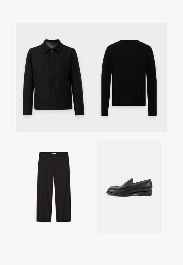 Svart jakke med knappelukking, strukturert krage, to sidelommer og teksturert stoff. Enkel, rettskåret design.; Filippa K SWEATER - Strikkegenser - black; Kremhvit kortermet T-skjorte med avslappet passform lagt flatt på lys grå bakgrunn.; Sorte vidde bukser laget av glatt stoff. Har en knapp- og glidelåsstenkning, to frontlommer og en skarp hemstuss.; Sorte lær loafers med en glat overflade, rund tå og dekorativ syning på forfoden. Lav stablet hæl og let glans.