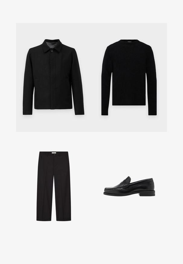 Jachetă neagră cu închidere prin buton, guler structurat, două buzunare laterale și țesătură texturată. Design simplu, cu croială dreaptă.; Filippa K SWEATER - Pulover - black; Cămașă T-shirt albă, cu mâneci scurte, de tip relaxat, așezată pe un fundal gri deschis.; Pantaloni largi negri din țesătură netedă. Au închidere cu nasture și fermoar, două buzunare frontale și un finisaj curat la tiv.; Mocasini negri din piele, cu un finisaj neted, detalii cusute pe vârf și un design cu toc jos pentru confort și stil.