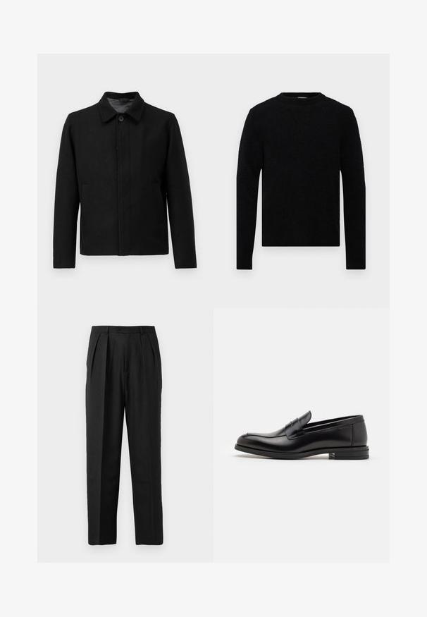 Černá bunda s knoflíkovým zapínáním, strukturovaným límcem, dvěma bočními kapsami a texturovanou tkaninou. Jednoduchý, rovný střih.; Filippa K SWEATER - Svetr - black; Bílý bavlněný tričko s kulatým výstřihem, krátkými rukávy a volnějším střihem. Na výstřihu je štítek s nápisem "WEEKDAY".; Černé skládací kalhoty s upraveným střihem, vyrobené z hladkého materiálu, s knoflíkovým zapínáním a rovnými nohavicemi.; Černé kožené polobotky s hladkou texturou, zaoblenou špičkou a zdobným páskem přes nárt. Nízký stohovaný podpatek, minimalistický design.