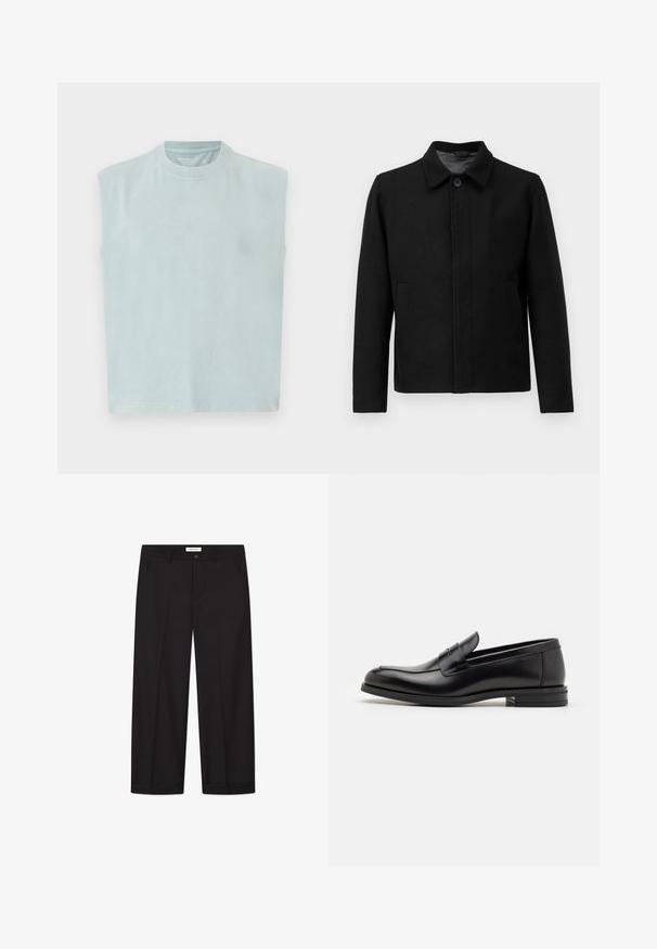 Črna jakna z gumbom, strukturiranim ovratnikom, dvema stranskima žepoma in teksturirano tkanino. Preprost, ravno krojen dizajn.; Filippa K SWEATER - Pulover - black; Svijetloplavi bezrukavnjak s okruglim izrezom, izrađen od mekanog materijala, s ravnim krojem i minimalističkim dizajnom.; Črne široke hlače iz gladkega blaga. Imajo gumb in zadrgo, dva sprednja žepa in eleganten zaključek robov.; Črne usnjene loafer čevlje z gladko teksturo, zaobljenim nosom in dekorativnim trakom čez zgornji del. Nizka zložena peta, minimalističen dizajn.