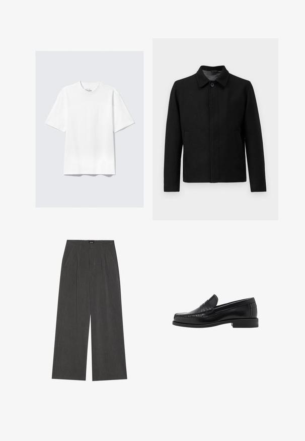 Veste noire avec une fermeture à boutons, col structuré, deux poches latérales et tissu texturé. Design simple et droit.; Filippa K SWEATER - Pullover - black; T-shirt blanc à manches courtes, à coupe décontractée, posé à plat sur un fond gris clair.; Pantalons à jambe large en tissu gris foncé, dotés d'un devant plissé, de deux poches latérales et d'une taille plate. Texture lisse et design ajusté.; Mocassins en cuir noir avec une finition lisse, des coutures sur le bout et un design à talon bas pour le confort et le style.