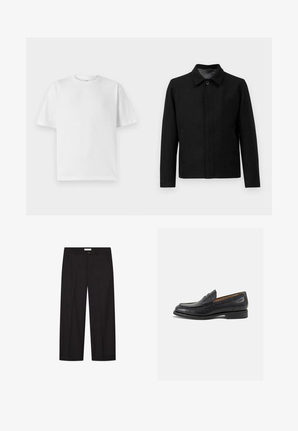 Sort jakke med knaplukning, struktureret krave, to sidelommer og tekstureret stof. Enkel, lige snit design.; Filippa K SWEATER - Striktrøje - black; Hvid bomulds T-shirt med rund halsudskæring og korte ærmer. Har en løs pasform og en glat tekstur. Ingen synlige mønstre eller grafikker.; Sorte bredde-ben bukser lavet af glat stof. Har en knap- og lynlåslukning, to forreste lommer og en skarp kant.; Sorte læder loafers med en glat finish, rund tå og dekorativ syning på vampen. Lav stablet hæl og let glans.