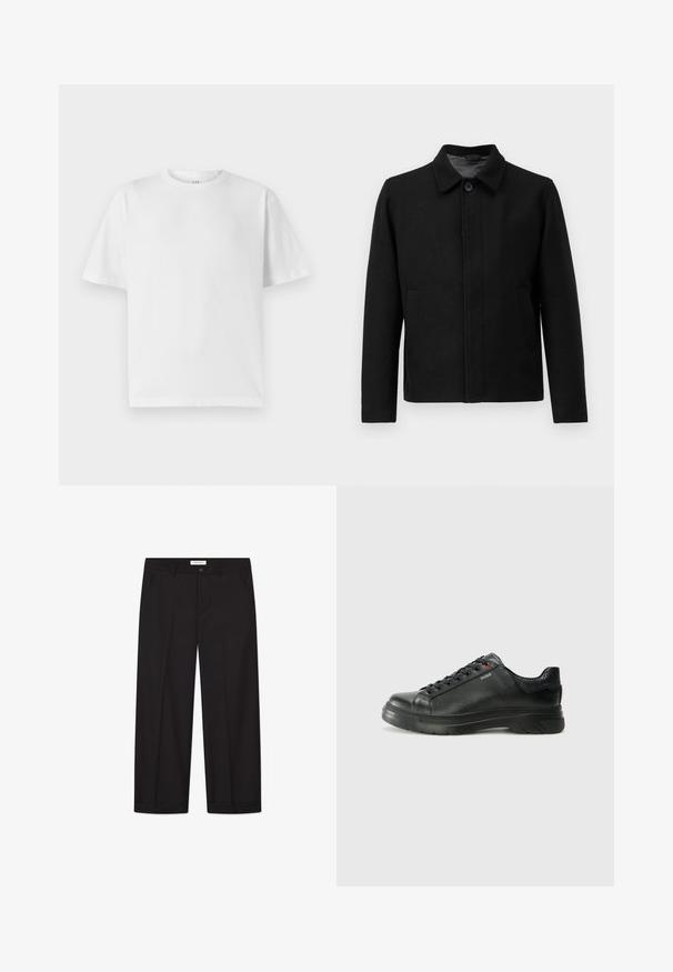 Čierna bunda s gombíkovým zapínaním, štruktúrovaným golierom, dvoma bočnými vreckami a textúrovanou tkaninou. Jednoduchý, rovný strih.; Filippa K SWEATER - Svetrík - black; Biely bavlnený tričko s kruhovým výstrihom a krátkymi rukávmi. Má voľný strih a hladkú textúru. Bez viditeľných vzorov alebo grafiky.; Čierne široké nohavice vyrobené z hladkej tkaniny. Majú zapínanie na gombík a zips, dve predné vrecká a ostrý lem.; Čierna kožená teniska s textúrovaným vrchom, polstrovaným golierom a červeným logom. Obsahuje hrubú gumovú podrážku s výrazným vzorom.