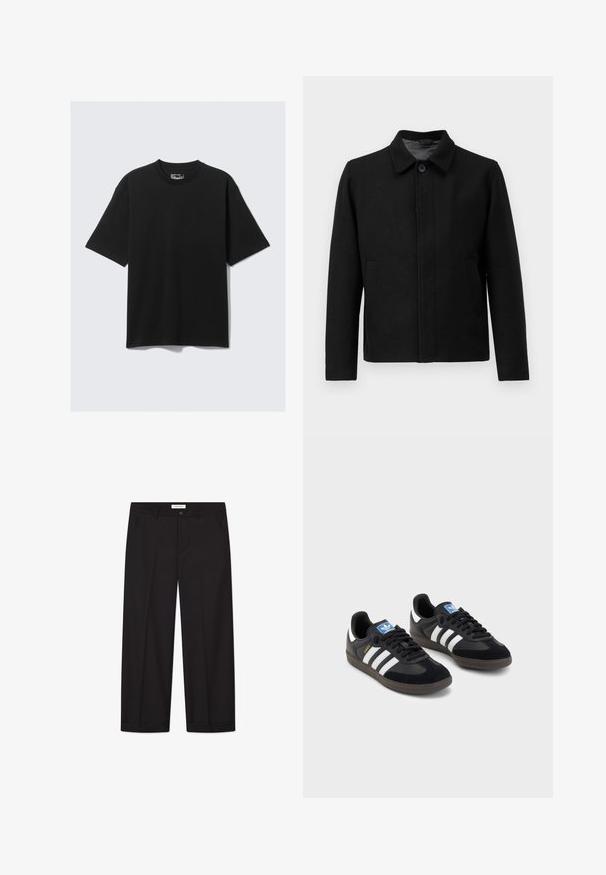 Fekete dzseki gombos záródással, strukturált gallérral, két oldalsó zsebbel és textúrált anyaggal. Egyszerű, egyenes vonalú dizájn.; Filippa K SWEATER - Pulóver - black; Fekete, rövid ujjú pamut póló, kerek nyakkivágással. Lazább szabású és minimalista dizájnnal rendelkezik. Nincsenek minták vagy díszítések.; Fekete, bő lábú nadrág sima anyagból. Gombbal és cipzárral záródik, két elülső zsebbel és éles szegéllyel rendelkezik.; Fekete sportcipők, velúrból és szintetikus anyagból készült felsőrésszel, három fehér csíkkal, textúrázott gumitalppal és kék logó címkével a nyelvén.