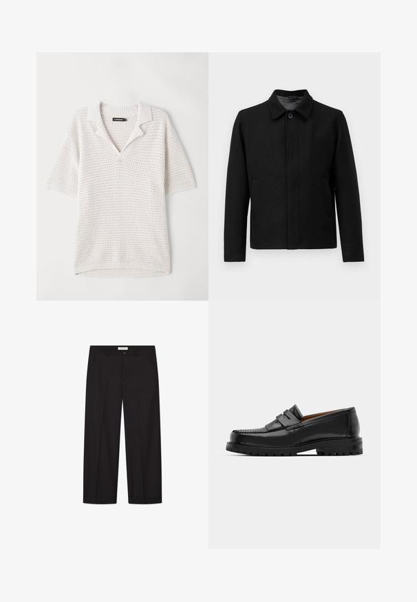 Giacca nera con chiusura a bottone, colletto strutturato, due tasche laterali e tessuto testurizzato. Design semplice e dritto.; Filippa K SWEATER - Maglione - black; Polo a maniche corte, leggero, in maglia color avorio con motivo testurizzato, colletto e orlo a costine. Progettato per garantire traspirabilità.; Pantaloni larghi neri realizzati in tessuto liscio. Presentano una chiusura con bottone e zip, due tasche frontali e un orlo ben definito.; I mocassini in pelle nera presentano una cucitura sollevata, due fasce decorative sulla parte superiore e una suola spessa e texture per una maggiore aderenza.