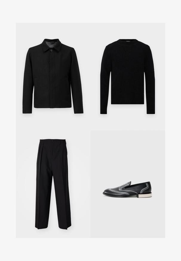 Schwarze Jacke mit Knopfverschluss, strukturiertem Kragen, zwei seitlichen Taschen und strukturiertem Stoff. Schlichtes, gerades Design.; Filippa K SWEATER - Strickpullover - black; Schwarze, plissierte Hose mit geradem, weitem Bein. Hergestellt aus glattem Stoff, mit Knopfverschluss und Gürtelschlaufen.; Schwarze Lederloafers mit weißer dekorativer Naht und einem metallischen Akzent an der Ferse, ausgestattet mit einer glatten Textur und einem schlanken Profil.