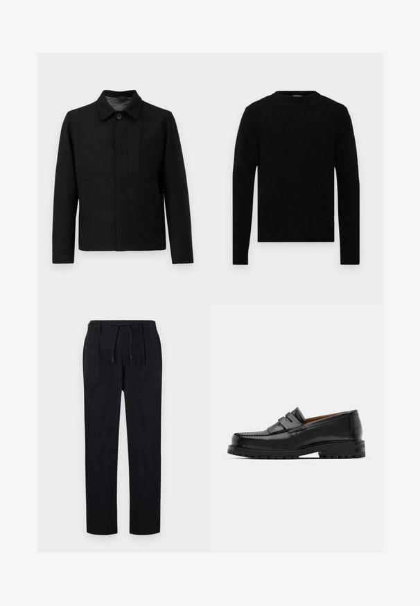 Sort jakke med knaplukning, struktureret krave, to sidelommer og tekstureret stof. Enkel, lige snit design.; Filippa K SWEATER - Striktrøje - black; Sorte bukser lavet af glat stof, med snor i taljen, lige ben og frontfolder for et struktureret udseende.; Sorte læder loafers har en forhøjet søm, to dekorative remme på overdelen og en tyk struktureret sål for bedre greb.