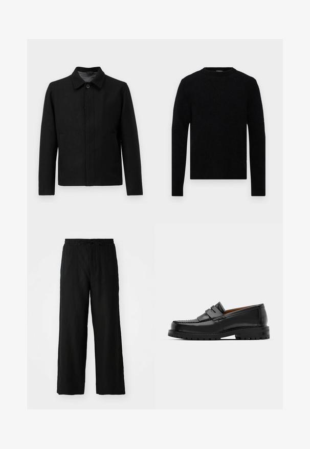 Veste noire avec une fermeture à boutons, col structuré, deux poches latérales et tissu texturé. Design simple et droit.; Filippa K SWEATER - Pullover - black; Pantalon large noir en tissu léger, avec une taille élastique dotée d'un cordon de serrage et sans poches visibles ni motifs.; Des mocassins en cuir noir présentent une couture surélevée, deux sangles décoratives sur le dessus et une semelle épaisse et texturée pour une meilleure adhérence.