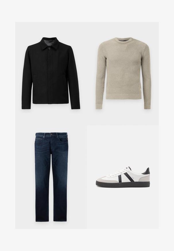 Chaqueta negra con cierre de botón, cuello estructurado, dos bolsillos laterales y tela texturizada. Diseño sencillo y de corte recto.; Suéter de punto beige con mangas largas, puño y dobladillo acanalados, cuello redondo, patrón texturizado, hecho de material suave.; Jeans de mezclilla azul oscuro con un diseño de pierna recta, estilo de cinco bolsillos y un cierre de botón visible en la cintura. Textura suave.; Zapatilla blanca con acentos en negro y gris, que presenta una puntera texturizada en gris, suela de goma negra y cordones planos blancos. Diseño limpio, estilo minimalista.