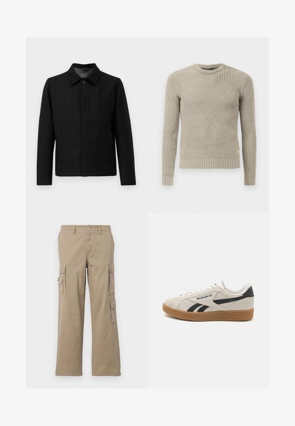 Schwarze Jacke mit Knopfverschluss, strukturiertem Kragen, zwei seitlichen Taschen und strukturiertem Stoff. Schlichtes, gerades Design.; Beige gestrickter Pullover mit langen Ärmeln, gerippten Bündchen und Saum, Rundhalsausschnitt, strukturiertem Muster, aus weichem Material hergestellt.; Beige Cargo-Hosen aus Baumwolle, mit mehreren Seitentaschen, geradem Bein Design und Knopfverschluss. Glatte Textur mit Nähdetails.; Reebok-Sneaker aus beigem Wildleder mit schwarzen Akzenten. Sie verfügen über eine Gummilaufsohle, traditionelle Schnürung und einen gepolsterten Kragen für Komfort.