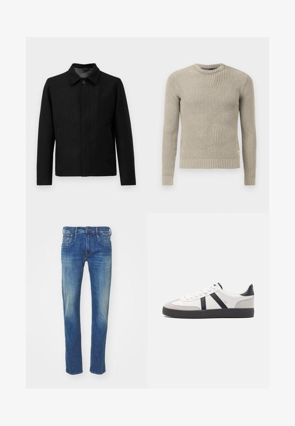 Musta takki nappisuljennolla, jämäkkä kaulus, kaksi sivutaskua ja teksturoitu kangas. Yksinkertainen, suora leikkaus.; Beige neulepaita, jossa on pitkät hihat, ribbireunukset hihansuissa ja helmassa, pyöreä kaula-aukko, teksturoitu kuvio, valmistettu pehmeästä materiaalista.; Siniset farkut, joissa on suora lahkeiden muotoilu, haalistunut pinta, viisi taskua ja metalliosat napissa sekä vetoketjussa.; Valkoiset lenkkarit mustilla ja harmailla yksityiskohdilla, joissa on teksturoitu harmaa kärki, musta kumipohja ja litteät valkoiset nauhat. Siisti muotoilu, minimalistinen tyyli.