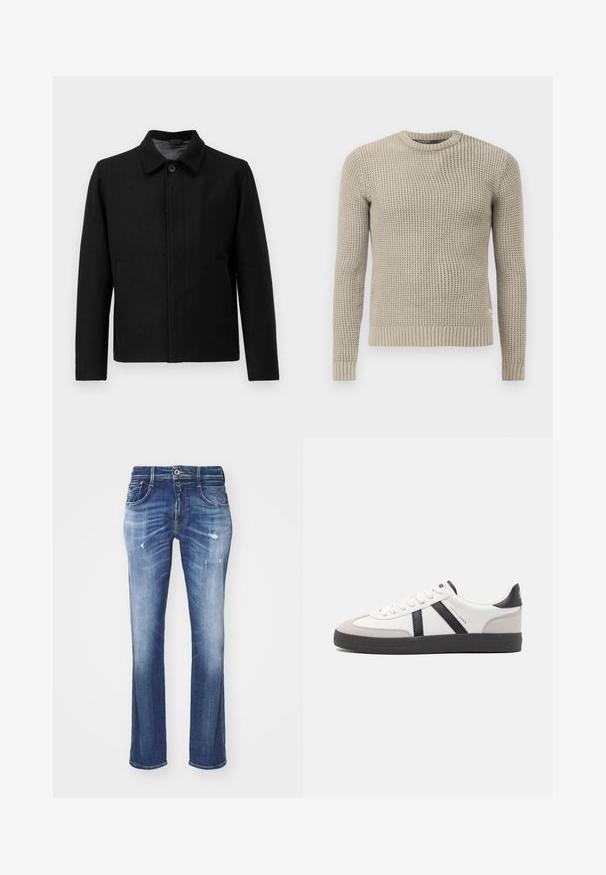 Giacca nera con chiusura a bottone, colletto strutturato, due tasche laterali e tessuto testurizzato. Design semplice e dritto.; Maglione beige lavorato a maglia con maniche lunghe, polsini e orlo a coste, collo rotondo, motivo testurizzato, realizzato in materiale morbido.; Jeans in denim di blu medio con un design sbiadito. Le caratteristiche includono un taglio dritto, dettagli strappati, cinque tasche e una chiusura con bottone frontale.; Sneaker bianco con accenti neri e grigi, dotata di una punta grigia testurizzata, suola in gomma nera e lacci bianchi piatti. Design pulito, stile minimalista.