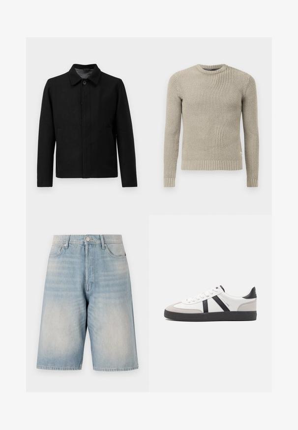 Musta takki nappisuljennolla, jämäkkä kaulus, kaksi sivutaskua ja teksturoitu kangas. Yksinkertainen, suora leikkaus.; Beige neulepaita, jossa on pitkät hihat, ribbireunukset hihansuissa ja helmassa, pyöreä kaula-aukko, teksturoitu kuvio, valmistettu pehmeästä materiaalista.; Vaaleansiniset farkkushortsit rennolla istuvuudella. Varustettu napituslällä, vyölenkeillä ja kahdella etutaskulla. Haalistunut rakenne koko matkalla.; Valkoiset lenkkarit mustilla ja harmailla yksityiskohdilla, joissa on teksturoitu harmaa kärki, musta kumipohja ja litteät valkoiset nauhat. Siisti muotoilu, minimalistinen tyyli.