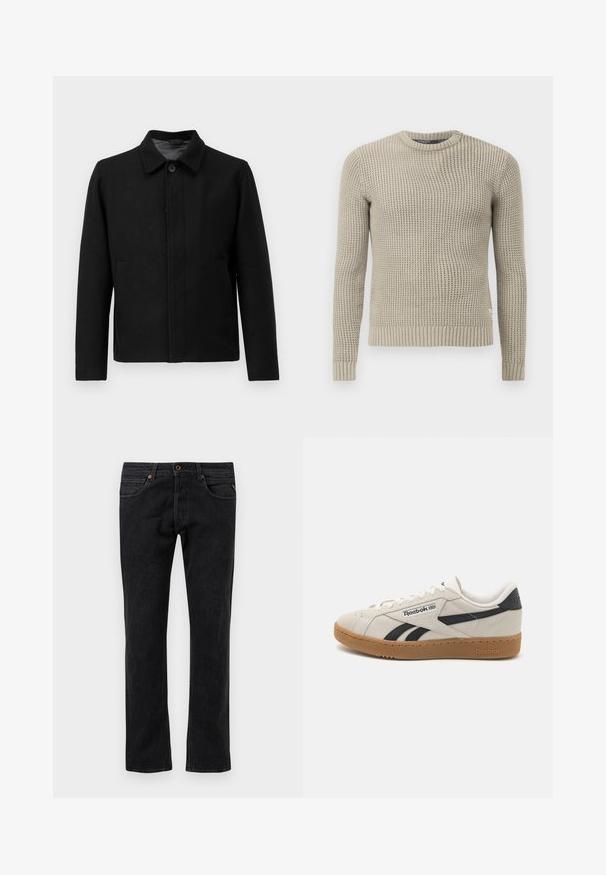 Chaqueta negra con cierre de botón, cuello estructurado, dos bolsillos laterales y tela texturizada. Diseño sencillo y de corte recto.; Suéter de punto beige con mangas largas, puño y dobladillo acanalados, cuello redondo, patrón texturizado, hecho de material suave.; Vaqueros de mezclilla negra con un diseño de pierna recta, que cuentan con cinco bolsillos, desvanecimientos sutiles y acentos de costura naranja.; Zapatillas Reebok de ante beige con detalles en negro. Tienen una suela de goma, cordones tradicionales y un cuello acolchado para mayor comodidad.