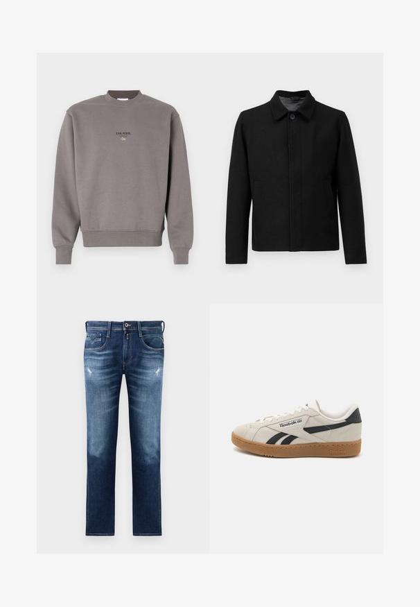 Veste noire avec une fermeture à boutons, col structuré, deux poches latérales et tissu texturé. Design simple et droit.; Sweatshirt en coton gris avec un col rond côtelé et des poignets côtelés, portant le texte "ESS.WRD." imprimé en noir sur le devant.; Jean en denim bleu avec une coupe régulière, présentant un lavage délavé, un léger distress, cinq poches et des coutures contrastées. Fermeture à bouton à la taille.; Baskets Reebok en daim beige avec des accents noirs. Elles possèdent une semelle en caoutchouc gum, un laçage traditionnel et un col rembourré pour plus de confort.
