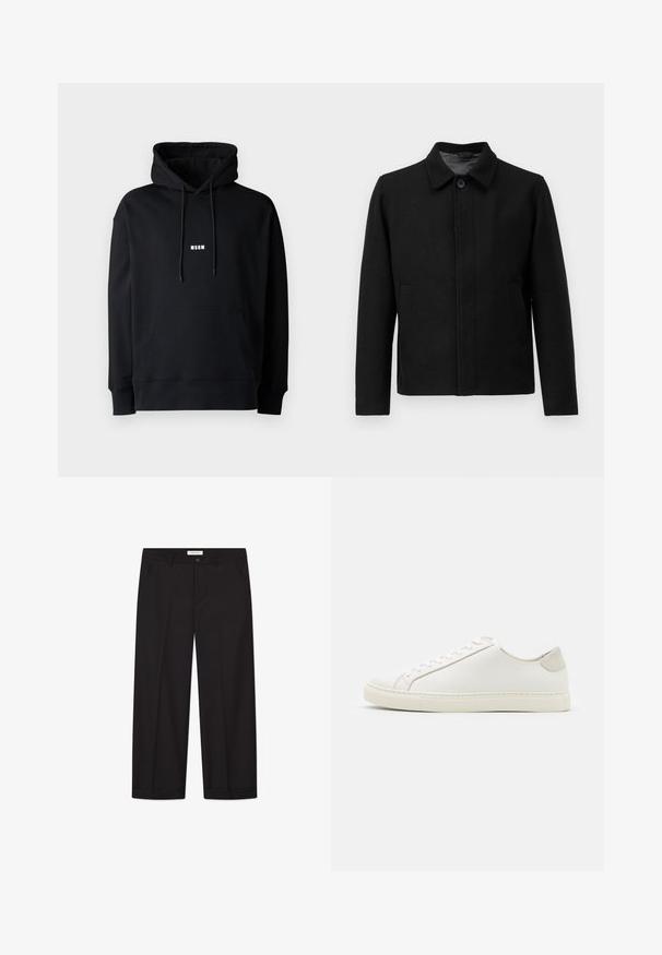 Black jacket with a button closure, structured collar, two side pockets, and textured fabric. Simple, straight-cut design.; Black hoodie with a drawstring hood, front pouch pocket, ribbed cuffs and hem, featuring a small white "MSGM" logo on the chest.; Black wide-leg trousers made of smooth fabric. Features a button and zipper closure, two front pockets, and a crisp hem finish.; White leather sneaker with a smooth surface, round toe, and minimalistic design. Features beige accents on the heel and a rubber sole.