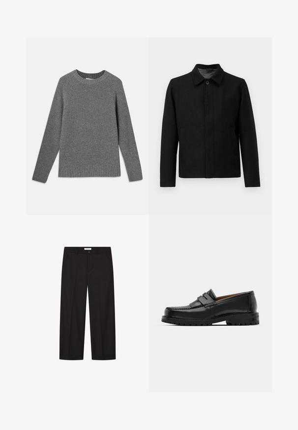 Svart jacka med knäppning, strukturerad krage, två sidofickor och textilstruktur. Enkel, rak snittdesign.; Grå räfflad tröja med långa ärmar, rund halsringning och texturerad tyg. Har ribbade fållar vid ärmsluten och nederkanten.; En enkel vit kortärmad t-shirt med avslappnad passform liggande platt på en ljusgrå bakgrund.; Svarta vida byxor i ett mjukt tyg. Har en knapp- och dragkedjestängning, två framfickor och en skarp fållavslut.; Svarta läderloafers har en upphöjd söm, två dekorativa remmar på ovansidan och en tjock texturerad sula för ökat grepp.