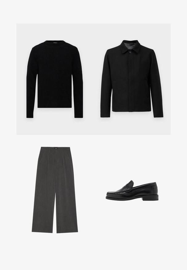 Musta takki nappisuljennolla, jämäkkä kaulus, kaksi sivutaskua ja teksturoitu kangas. Yksinkertainen, suora leikkaus.; Filippa K SWEATER - Neule - black; Litte valkoiset lyhythihainen rento T-paita asetettuna tasaiseksi vaaleanharmaata taustaa vasten.; Rento-hameet tummanharmaasta kankaasta, jossa on pleidatut etuosat, kaksi sivutaskua ja litteä vyötärö. Sujuva rakenne ja räätälöity muotoilu.; Musta nahkayksilöinen loafersi, jossa on sileä pinta, ommellut yksityiskohdat varpaisiin ja matala kanta mukavuutta ja tyyliä varten.