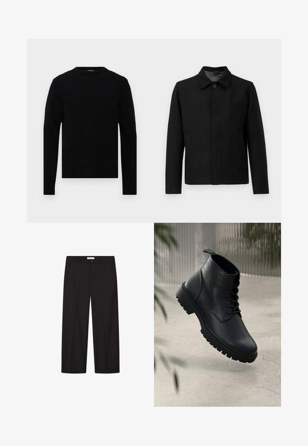 Juodas švarkas su mygtukų uždarymu, struktūrizuotu apykakle, dviem šoninėmis kišenėmis ir tekstūruota medžiaga. Paprastas, tiesus kirpimas.; Filippa K SWEATER - Džemperis - black; Balta, trumpomis rankovėmis, laisva T marškiniai, išskleisti ant šviesiai pilko fono.; Juodi plačios kelnės, pagamintos iš lygaus audinio. Įrengtas sagtys ir užtrauktukas, dvi priekinės kišenės ir aštrus kraštas.; Juodi odiniai auliniai batai su apvaliu pirštu, su raišteliais ir tvirtu guminio pado dizainu. Romus paviršius su kilpeliu gale.
