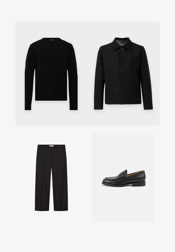 Svart jakke med knappelukking, strukturert krage, to sidelommer og teksturert stoff. Enkel, rettskåret design.; Filippa K SWEATER - Strikkegenser - black; Kremhvit kortermet T-skjorte med avslappet passform lagt flatt på lys grå bakgrunn.; Sorte vidde bukser laget av glatt stoff. Har en knapp- og glidelåsstenkning, to frontlommer og en skarp hemstuss.; Sorte lær loafers med en glat overflade, rund tå og dekorativ syning på forfoden. Lav stablet hæl og let glans.
