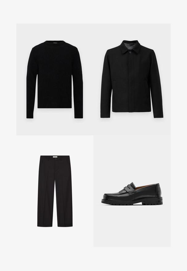 Must mustaga klappide ja struktureeritud kraega, kahe küljetaskuga ja tekstureeritud kangaga. Lihtne, sirge lõikega disain.; Filippa K SWEATER - Džemper - black; Lame valge lühikeste varrukatega vabalt lõigatud T-särk, millel on helehall taust.; Mustad laiad püksid, mis on valmistatud siledast kangast. Omab nuppe ja tõmblukku, kahte eesmist taskut ja teravat äärestust.; Mustad mustad nahast kingad on varustatud tõstetud õmblusega, kahe dekoratiivse rihmaga peal, ja paksu tekstuuriga tallaga paremaks haardeks.